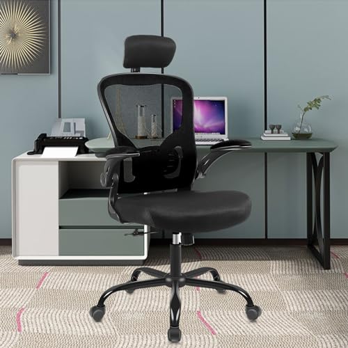 Ergonomic Office Desk Chair Breathable Mesh Swivel Computer Chair, Lumbar Back Support Task Chair, Office Chairs with Lumbar Support Headrest and Flip-up Arms(Black)