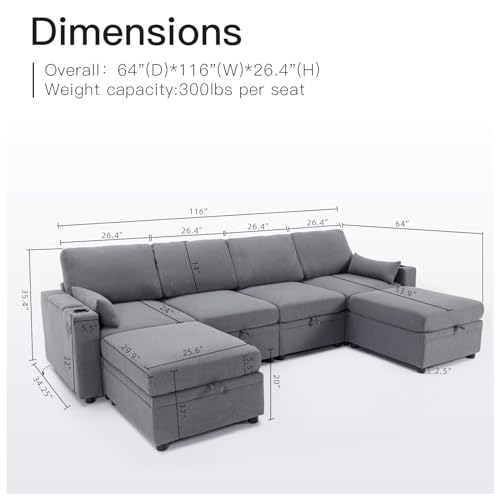 Modular Sectional Sofa Couch with Large Storage, Loveseat Sofa with USB Ports & Cup Holders, Small Spaces Deep Seat Couch, 2 Seat Sectional Couches for Living Room (Beige)