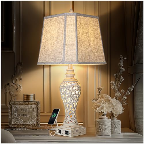 32'' Tall Rustic Vintage Table Lamps Set of 2 with Night Lights - Bedside Lamp with Faux Silk Shades for Bedroom and Living Room with 2 USB Charging Ports,Rustic Lamps for Living Room(Bulb Included)