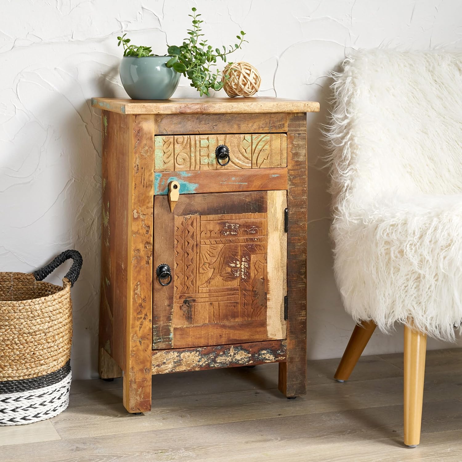 Eco-Friendly Carved Side Table with Distressed Paint Finish, Recycled Wood End Table with One Drawer and Cabinet, 18