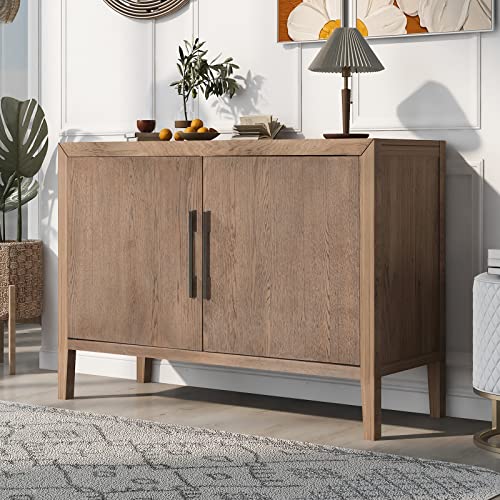 Retro Wood Storage Cabinet with Adjustable Shelf,Vintage Sideboard with 2 Slender Handles and Large Storage Spaces for Living Room,Kitchen,Buffet Cabinet Entryway Console Table(Beige)
