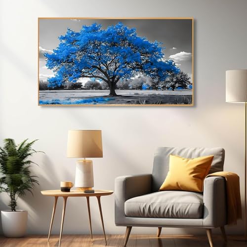Canvas Wall Art, Blue Tree Wall Art, Large Tree of Life Wall Art, Black and White Floral Wall Art, Modern Giclee Stretched and Framed Wall Art Living Room Bedroom (Black Framed, 48