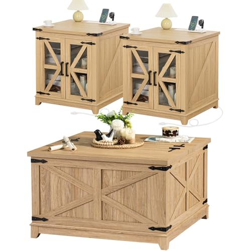 Farmhouse coffee table set of 3, Furniture Set, Coffee Table with Hidden Storage Organizer and end tables 3-piece set, Large Country Natural Center Table Set for Living Room,Office, Home