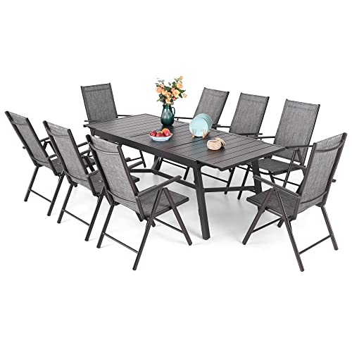 PHI VILLA 9 Pieces Patio Dining Set for 8, High Back Folding Sling Chairs Navy and E-coating Expandable Rectangular Metal Table, Outdoor Dining Table and Chairs Furniture for Porch Backyard