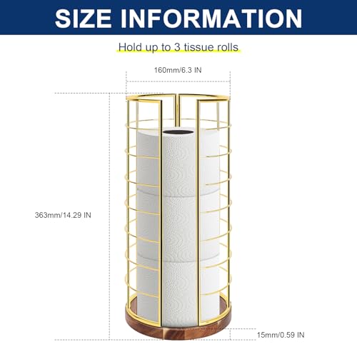 NearMoon Toilet Paper Organizer Stand, Freestanding 3 Rolls Tissue Storage, Metal Bathroom Accessory, Rustproof Toilet Roll Holder for Kitchen Countertop Inside Cabinet Shelf(Wooden Base, Chrome)