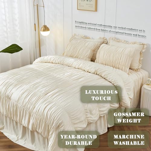 King Size Comforter Set Bedding - Ruched Wheat Comforter King Bed Set Boho Shabby Chic Bedding for Bedroom Comforter Fluffy 3 Piece Ruffle Comforter Set with Pillow White Bedding Soft and Luxury