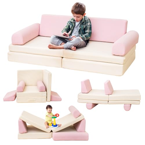 Fold Kids Sofa, Modular Kids Play Couch, Kids Convertible Play Fort, Multifunctional Instant Rebound Foam Couch, Corduroy Fabric Toddler Couch for Playroom/Bedroom, Gray&Beige
