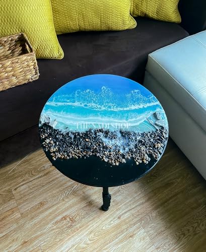 epoxy resin coffee table beach house end table ocean themed nightstand epoxy end table with metal legs blue coffee table (18 inch)