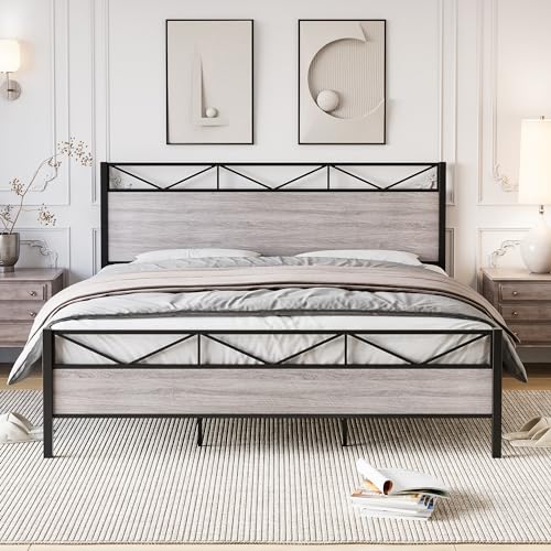 Queen Bed Frame with Headboard and Footboard, Heavy Duty Platform Bed, Metal Slats Support, No Box Spring Needed, Noise Free, Easy Assembly, Grey