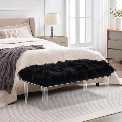 Modern Black Faux Fur Ottoman Bench - Upholstered Furry Bench with Acrylic Legs for Bedroom, Living Room, Entryway, Vanity or Bed End