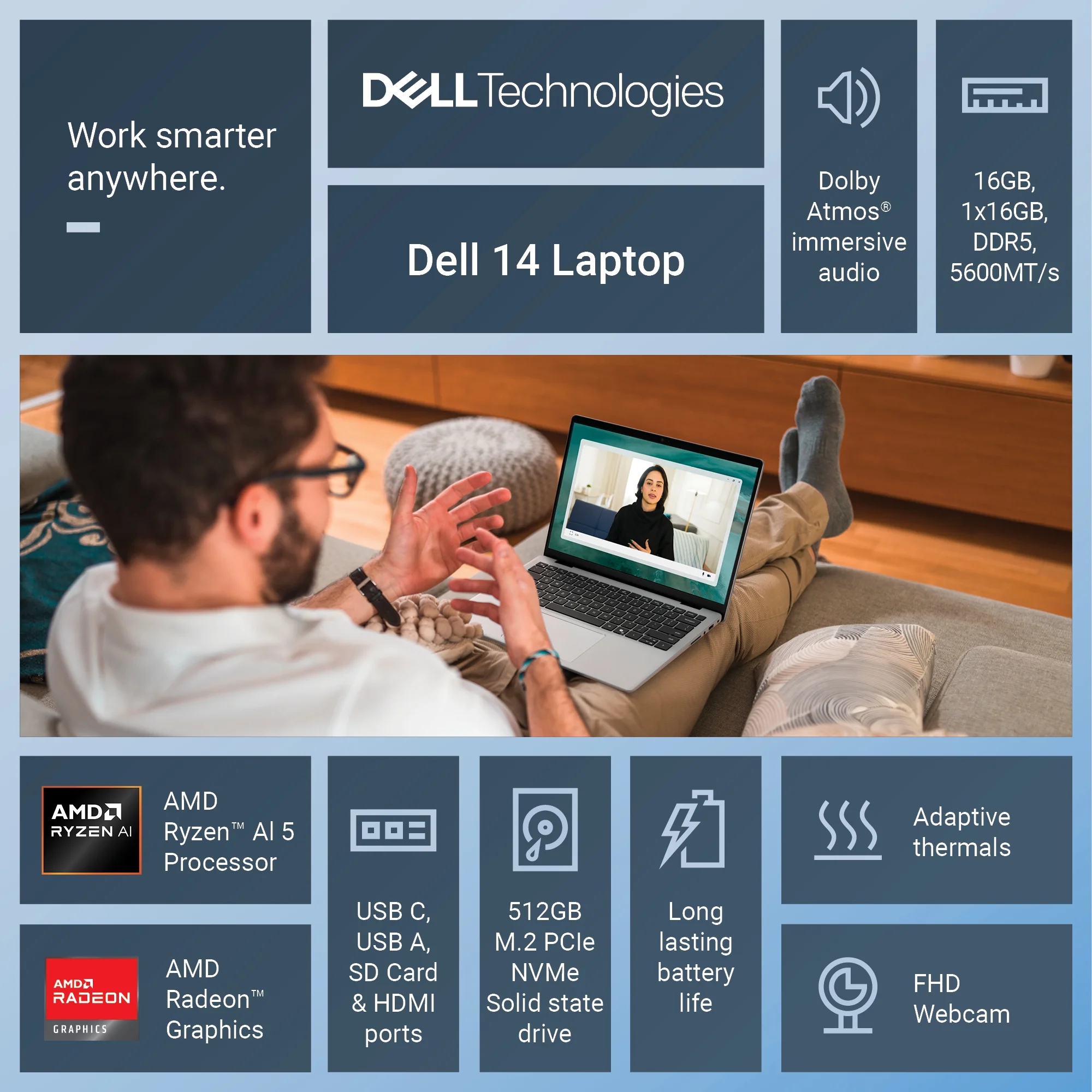 Dell 14" laptop, AMD Ryzen™ AI 5, AMD Radeon™ Graphics, 16 GB, DDR5, 512GB SSD, Windows 11 Home