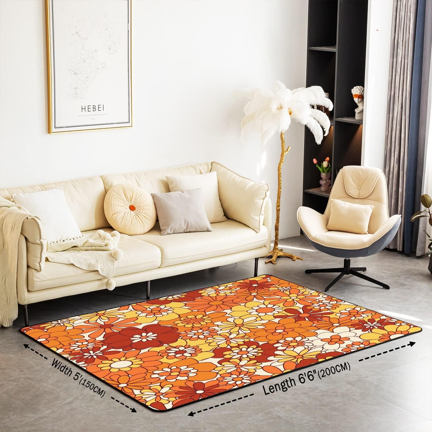 Groovy Flower Area Rug Retro Floral Boho Living Room Rugs for Bedroom Home Decor 70S Hippie Flowers Bohemian Carpet Ultra Soft Non-Slip Indoor Floor Mat 3'x5'