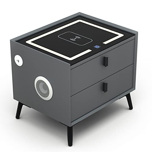 Smart Nightstands with Wireless Charging Station, USB Port, Modern Nightstands with 3 Color LED Lights and Speaker, Wooden End Side Table for Bedroom, Dorm, 2 Storage Drawers