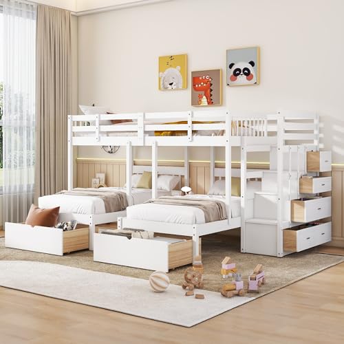 Harper & Bright Designs WoodenTriple Bunk Beds with Stairs & Storage Drawers,Twin Over Twin Bunk Bed for 3 Kids,3 Bunk Beds Frame with Built-in Shelves for Kids,Teens,Adults,No Box Spring Needed,Gray