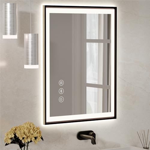 Findepot 24x32 LED Bathroom Mirrors for Wall -Make Up Black Aluminum Framed,Anti-Fog Vanity Mirror with Lights,Stepless Dimmable Lighted Mirror,3 Colors Smart Mirror(Horizontal/Vertical)