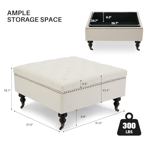 Large Square Storage Ottoman Uphlostered Tufted Button Coffee Table, Oversized Footrest Bench with Castered Rolling Wheels for Living Room, Beige Linen Waterproof