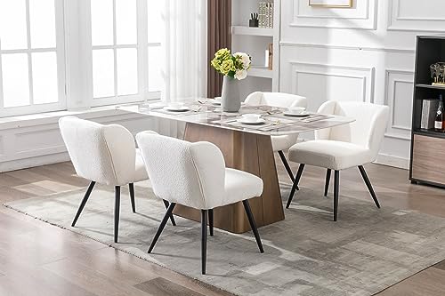 White Sherpa Dining Chairs Set of 6, Mid-Century Modern Upholstered Armless Side Chairs with Curved Backrest and Black Metal Legs, White