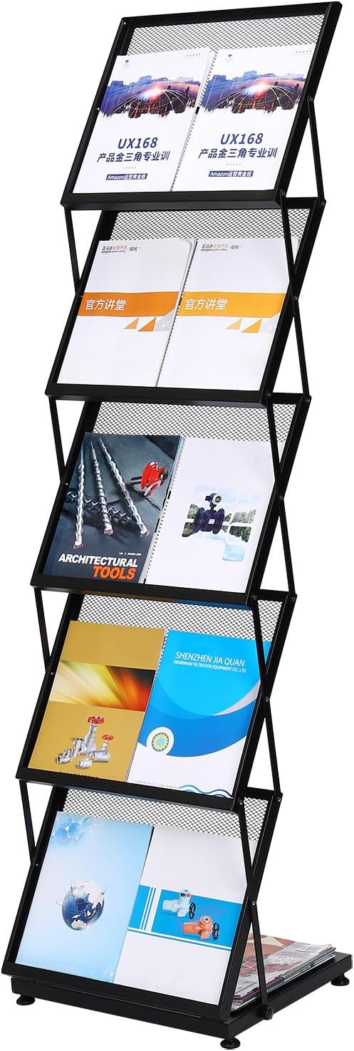 PATIKIL Foldable Magazine Display Racks Floor Standing 5 Layers Brochure Stand Catalog Literature Holder with Wheels for Hotel, Exhibition, Office