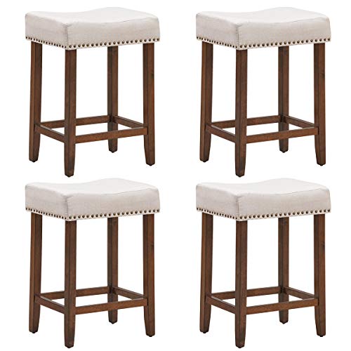 ERGOMASTER Bar Stools for Kitchen Island Set of 4 Bar Height Bar Stools 29 Inch Backless Barstools Modern Fabric Saddle Stools with Sturdy Wood Legs, Max Load 330lbs, Khaki/Brown