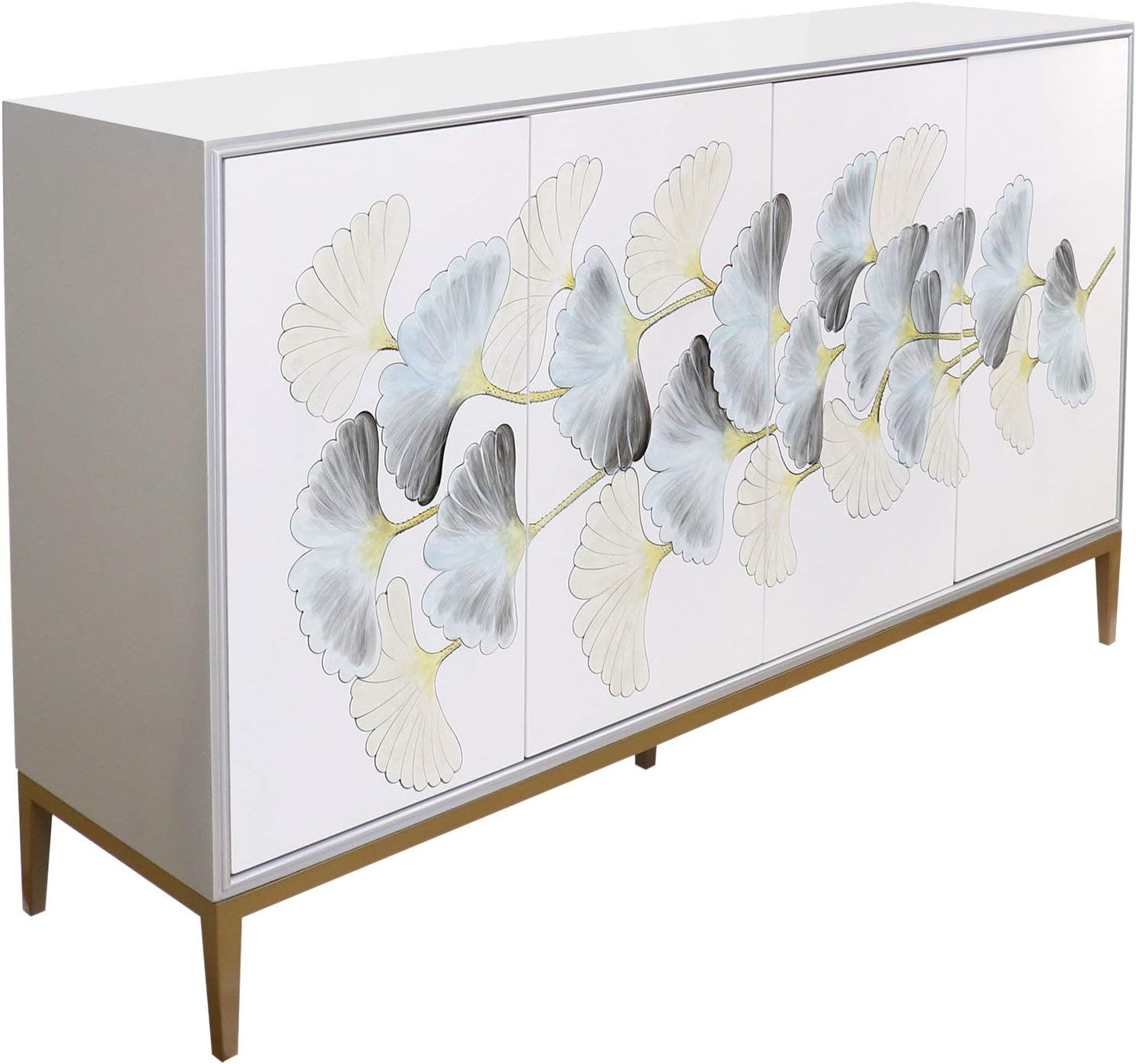 Pasargad Home Annabelle Sideboard with 4 Floral Doors, 2 Drawers with Bronze Metal Frame, Silver