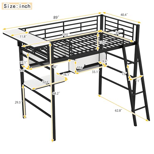 SOFTSEA Full Size Metal Loft Bed with Desk and Shelves, Heavy Duty Loft Bed with Staircase and Study Area for Kids, Metal Loft Bed Frame with Guardrails for Bedroom Guestroom Small Room, Black