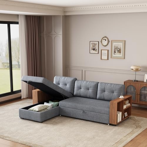 Convertible Sectional Sofa Couch,L-Shaped Sofa,Linen Fabric,Sleeper Sofa,Pull Out Couch Bed,with Storage Chaise for Apartments with 3 Pillows Two Small Counters