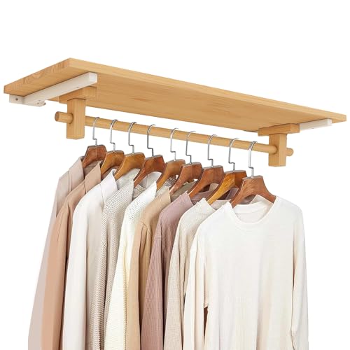 Solid Wooden Clothes Rack with Top Shelf, Wall Mounted Garment Rack, Closet System, Walk In Closet Organizer with Multi-Purpose Clothing Hanging Rod, for Open Cloakroom, Bedroom Closet Storage(100cm/3