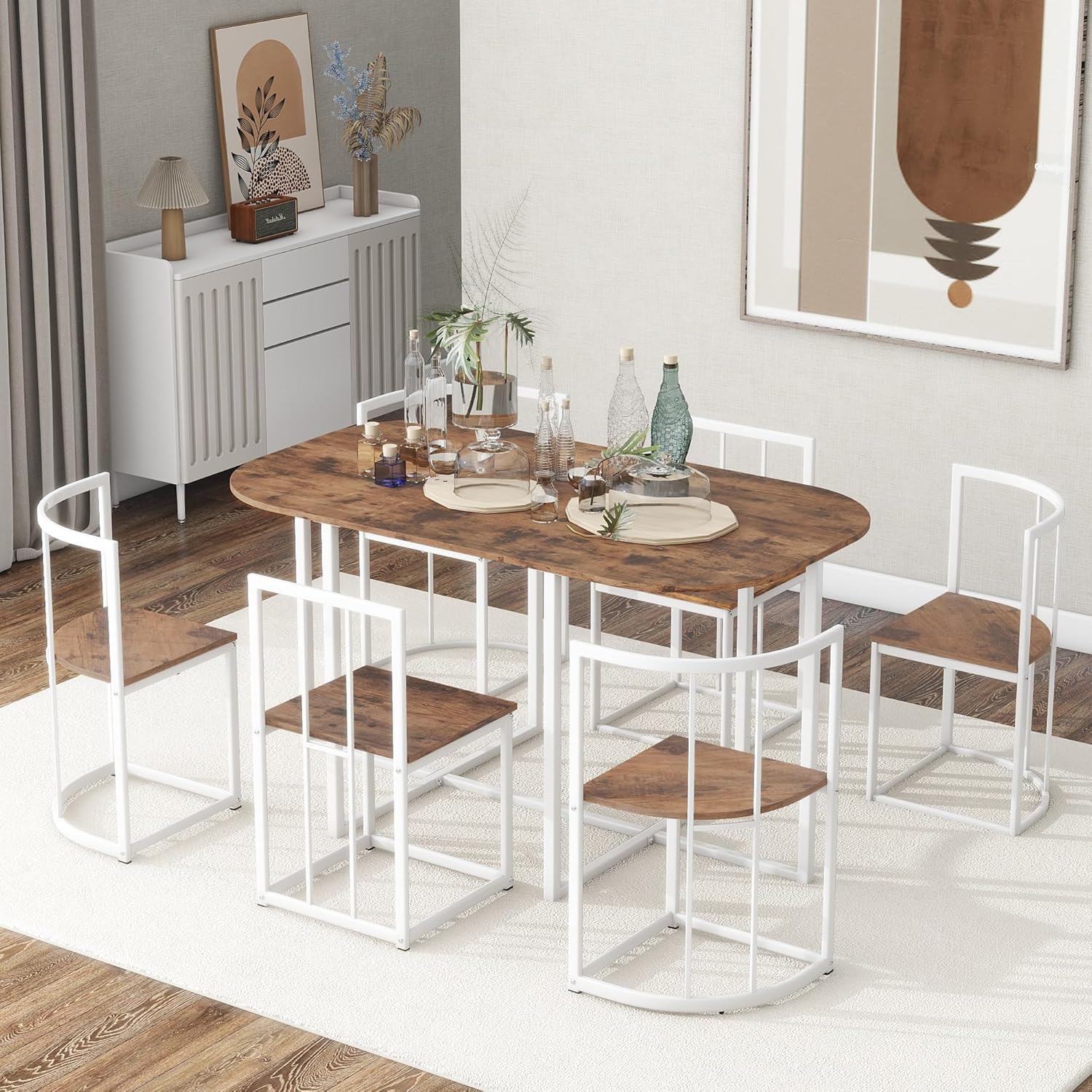 7-Piece Dining Table Set, Classical Kitchen Furniture Compact Space-Saving w/Wood Tabletop, 6 Chairs, Metal Steel Frame, White+Cherry