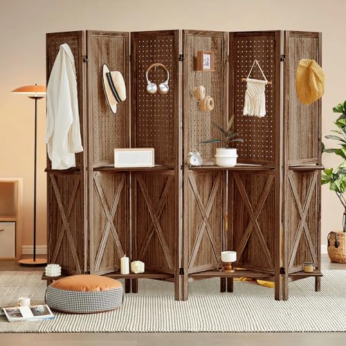 4 Panel Pegboard Display with 16 Hooks, Wooden Pegboard Room Divider Wall with Shelf, Rustic Room Dividers and Folding Privacy Screens, Bedroom, Jewelry Store, Brown