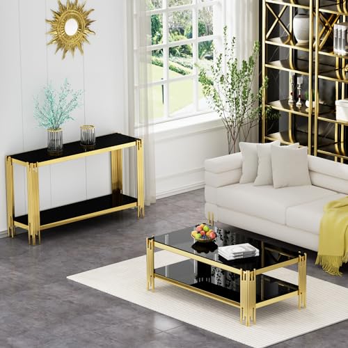 3 Piece Living Room Table Set, Luxury Black Glass Coffee Table Set with Gold Stainless Steel Legs, Set of 3 Modern Glass Coffee Console Table End Table for Living Room Bedroom