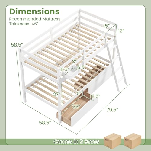KOMFOTT Twin Over Twin Bunk Bed with 2 Roll-Out Drawers, Wood Bunk Bed Frame with Removable Storage Box, Bunk Bed with Ladder & Safety Guardrail for Dorm Apartment Home, No Box Spring Needed (Grey)