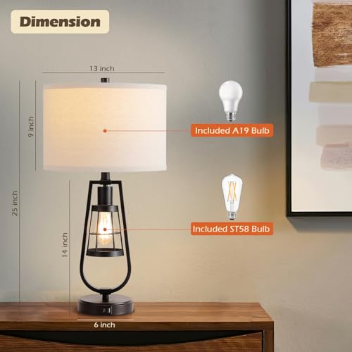 Industrial Table Lamp Set of 2 with USB Ports, Touch Control 3-Way Dimmable Bedside Lamp with Nightlight, Farmhouse Rustic Nightstand Lamp for Living Room Bedroom Office