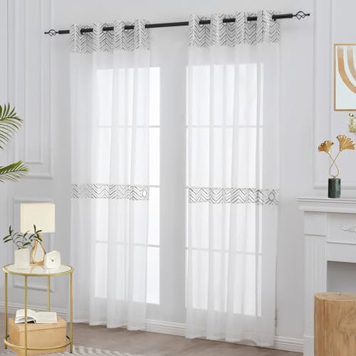 Sheer Curtains for Living Room 2 Panels Set 108 Inch Curtains with Tiebacks Grommet Top Gold Foil Printed Linen Look Window Extra Lone Curtain (56