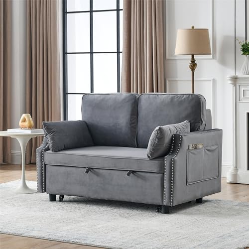 LUMISOL Modern Velvet Loveseat Futon Couch with Hidden Storage Box, Convertible Sleeper Sofa Bed with Reclining Backrest, Toss Pillows & Side Pocket, Small Sofa Set of 2 for Living Room, Apartment