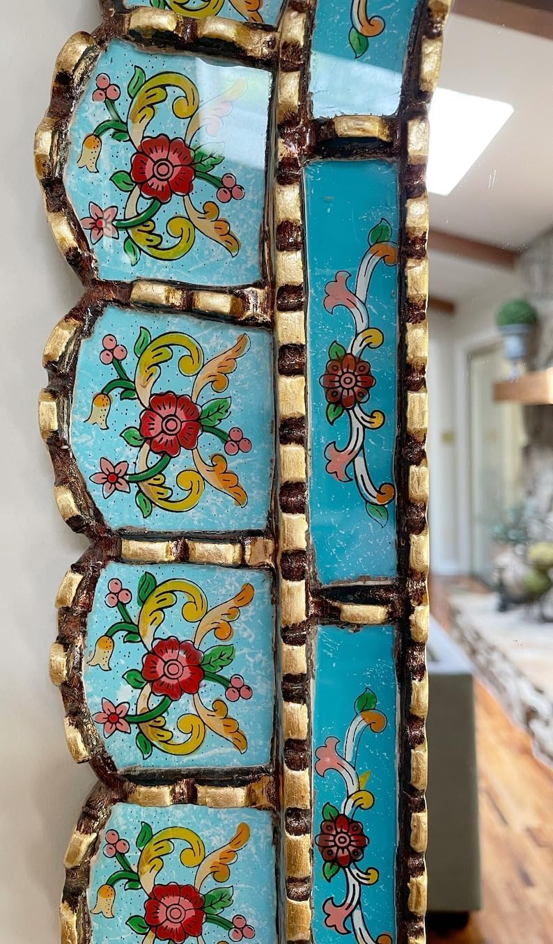 Aqua Blue Flower Arch Mirror, Stained Glass Mirror, Tropical Bohemian Mirror