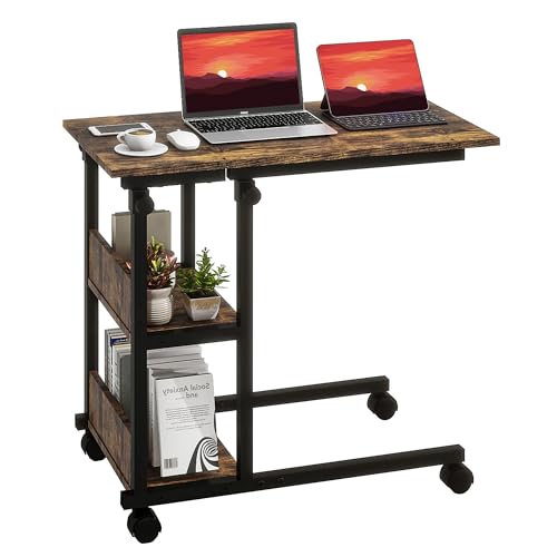 SANODESK Height Adjustable C-Shaped End Table with Wheels, Side Table Couch Table with Storage Shelves End Table TV Tray Table for Living Room, Bedroom，Small Space, Sofa Bedside Table，Black