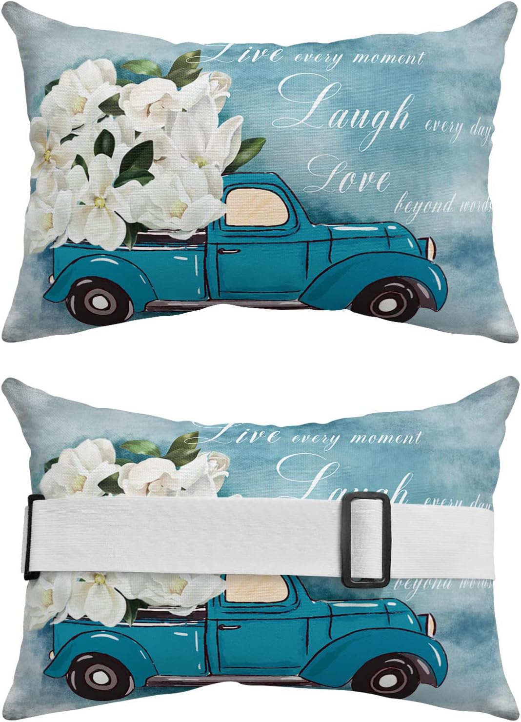 Waterproof Headrest Pillows for Chaise Lounge Chair Couch,Vintage Farm Truck with Magnolia Flowers Throw Pillow with Strap Set of 2 Decorative Lumbar Cushion Pillows Home Decor Render Gradient