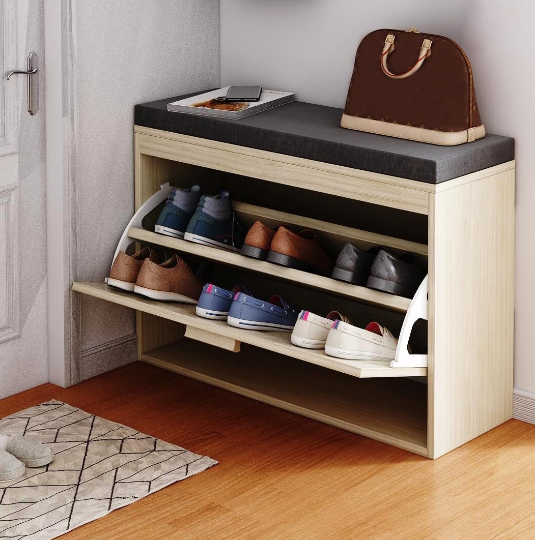24in Rattan Flip Drawers Shoe Storage Cabinet with Seat Cushion, Narrow Shoe Rack Cabinet, Hallway Shoe Bench