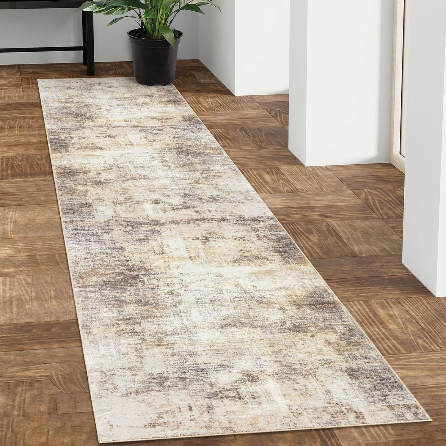 IOHOUZE Abstract Runner Rug 2x8 Ft Washable Runners for Hallways, Non Slip Kitchen Runner Soft Faux Wool Entryway Rug Runner Indoor, Modern Abstract Floor Carpet for Hall Kitchen Bedroom, Beige