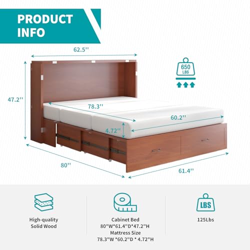 BALUS Queen Murphy Bed, Murphy Bed Cabinet with USB Charging Ports, Bottom Storage Drawers, Elegant Designed Cabinet Bed with Mattress Included, Folding Bed Cabinet Space Saving for Guest Room, Home