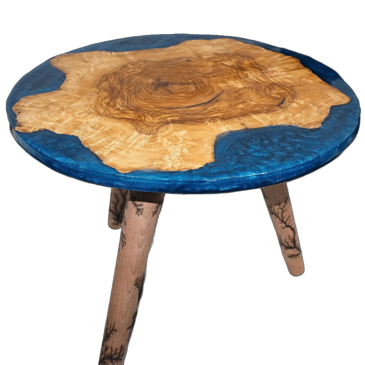Round epoxy resine and olive wood cookies end table with three round burned beech wood legs