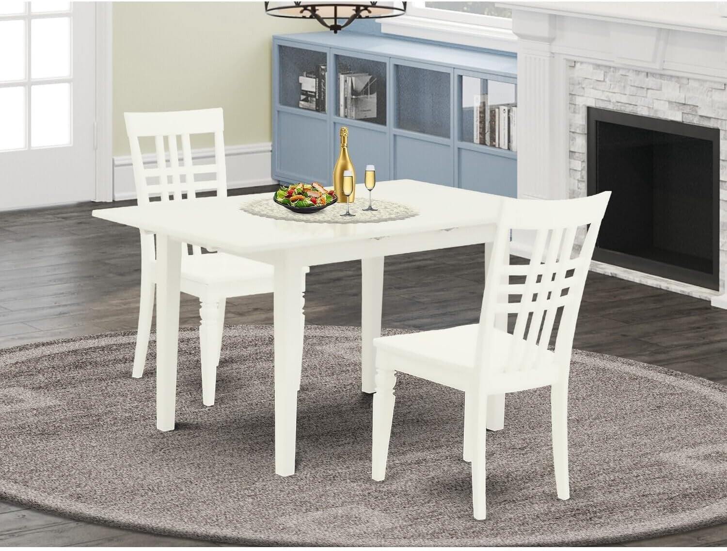 Zen Zone 3-Pc Kitchen Dining Table Set 2 Kitchen Chairs with Slatted Back and A Butterfly Leaf Wooden Seat and Mid Century Dining Table with Rectangular Top and 4 Legs- Linen White Finish