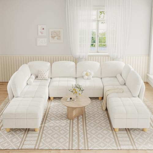 LLappuil Modular Sectional Couch, Oversized U Shaped Sectional Sofa for Living Room 8 Seater Sofa in Cozy Removable Covered Teddy Velvet Fabric,with Coffee Table Ottoman (Beige)