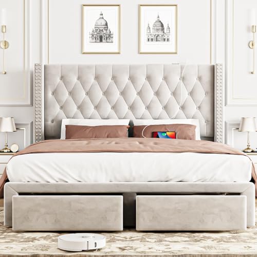 Upholstered Bed Frame Queen with Headboard and Storage, Velvet Tall Bed Frame with 2 Drawers, Tufted Wingback Bed Frame Queen LED Light, Charging Station, No Box Spring Needed