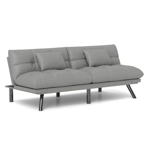 Modern Futon Sofa Bed with 7-Position Convertible Design, Water-Resistant Leathaire Leather, and 2 Cushions for Living Room Sofa Bed(Cream Blue)