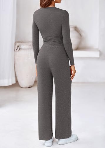 KIRUNDO Womens Two Piece Outfits 2024 Fall Long Sleeve Crop Top Elastic Waist Wide Leg Pants Lounge Sets Casual Tracksuit