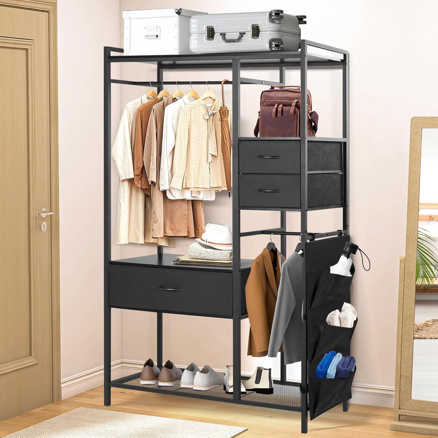 Metal Closet Rack for Hanging Clothes, Freestanding Wardrobe Rack Organizer with 3 Drawers & Sidepocket, Fabric Dresser Organizer System Heavy Duty Armoire Shelf for Bedroom, Living Room,