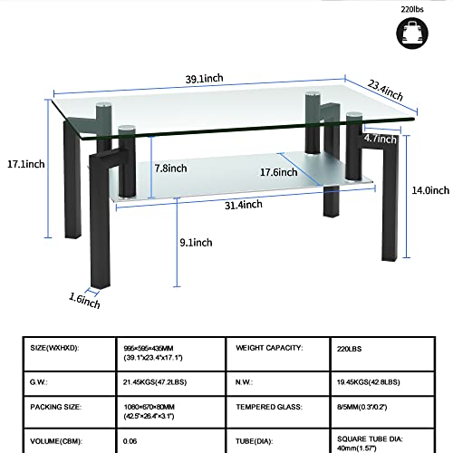 Glass Coffee Table for Living Room, End Table 2-Layer Side Tables with Clear Rectangle Tempered Glass Top Black Metal Leg, Mordern Home Office Furniture