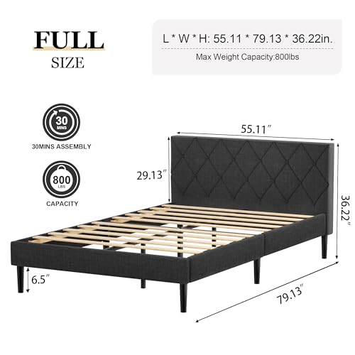 Queen Size Bed Frame, Upholstered Platform Bed Frame with Button Tufted Headboard, Mattress Foundation, Wooden Slats Support, No Box Spring Needed, Super Easy Assembly, Dark Grey