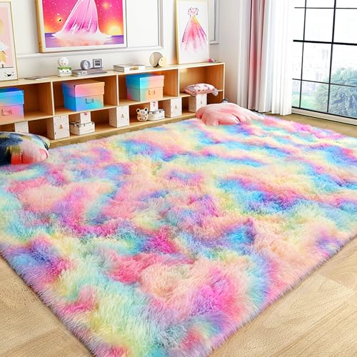 Ultra Fluffy Area Rugs for Living Room Bedroom, 6x9 Fuzzy Large Living Room Rugs, Thick Shag Rug for Dorm, Soft Non Slip Kids Girls Boys Rug for Home Decor Aesthetic, Cream White